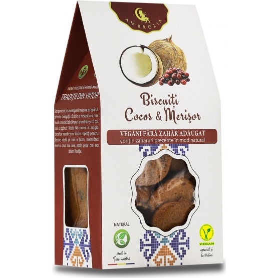 Biscuiti vegani cu merisor si cocos 150 g - AMBROZIA Biscuiti vegani cu merisor si cocos 150 g - AMBROZIA