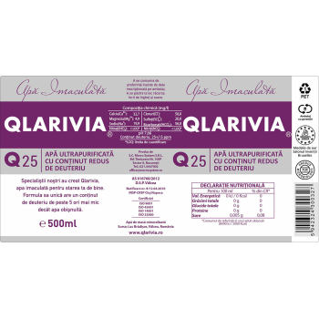 Apa cu continut scazut de deuteriu (25 ppm) 500 ml - QLARIVIA (bax 6 sticle/3l)